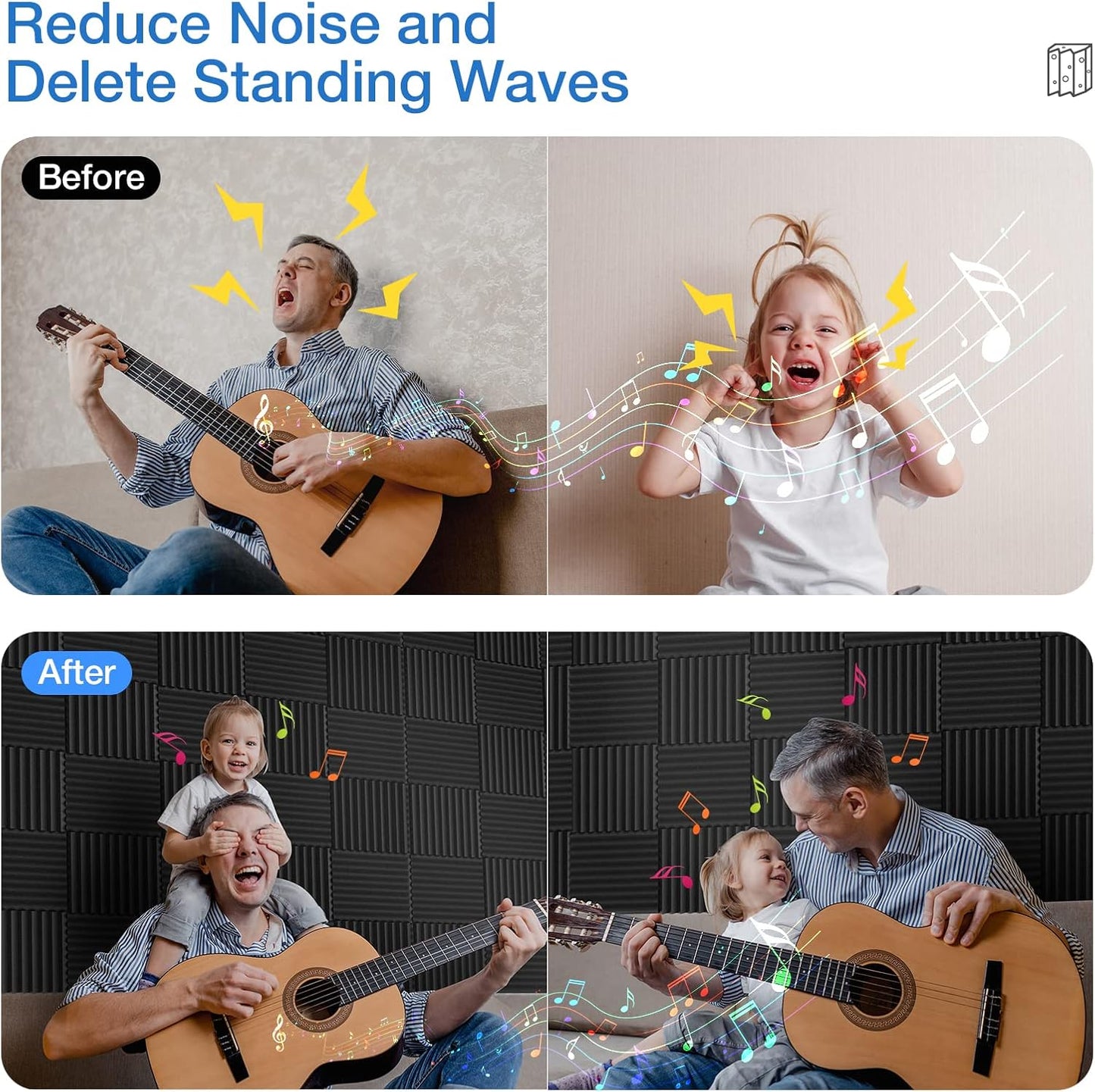 12 Pack Sound Proof Foam Panels for Walls,Self-Adhesive Foam Acoustic Panels Sound Absorbing,High Density Quick-Recovery Soundproof Wall Panels 12" X 12" X 1"-Black and Yellow