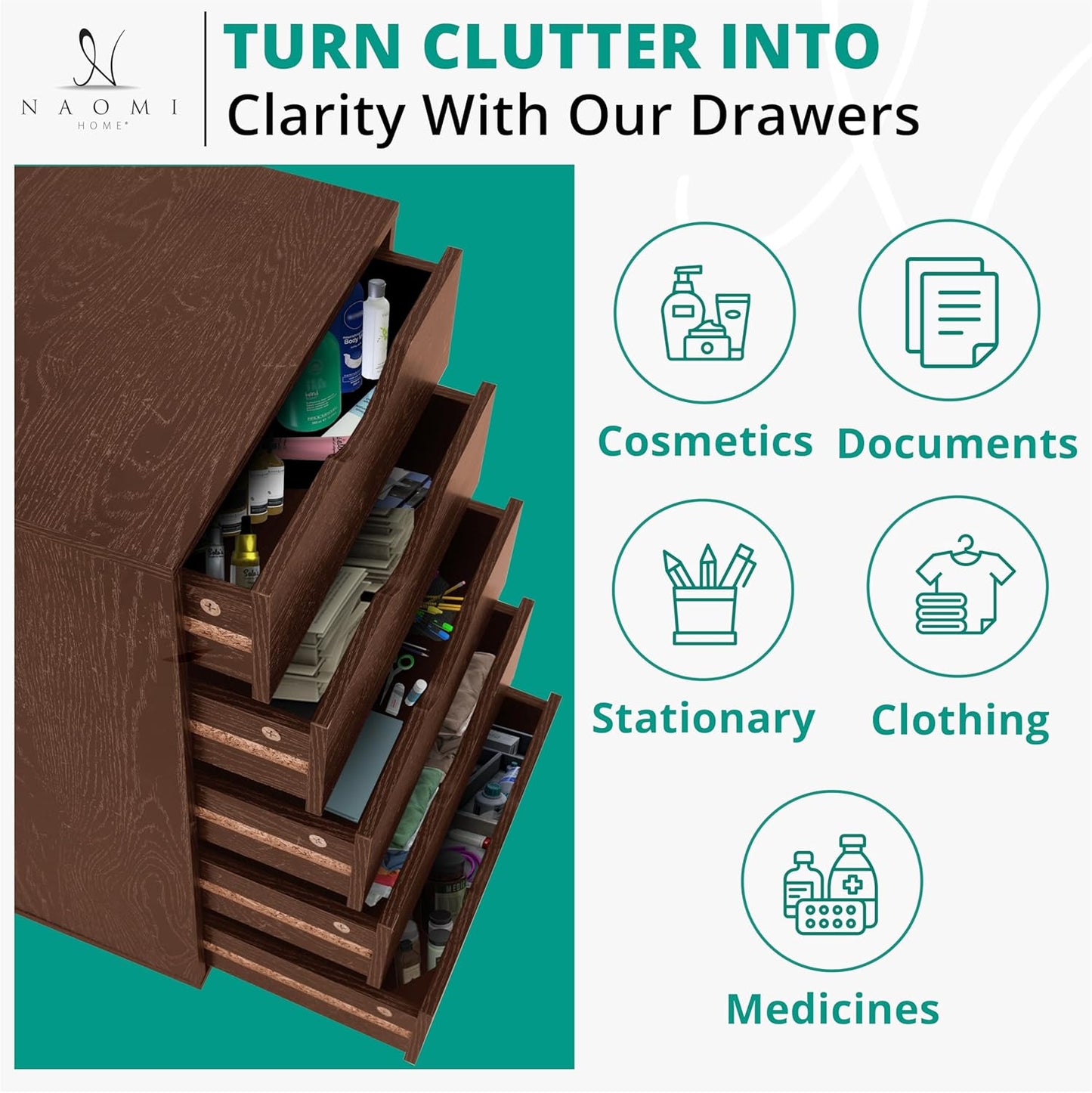 Naomi Home Wooden Office File Cabinets for Home Office, Lateral File Cabinet, Mobile Storage Cabinet Filing Storage Drawer Espresso/5 Drawer