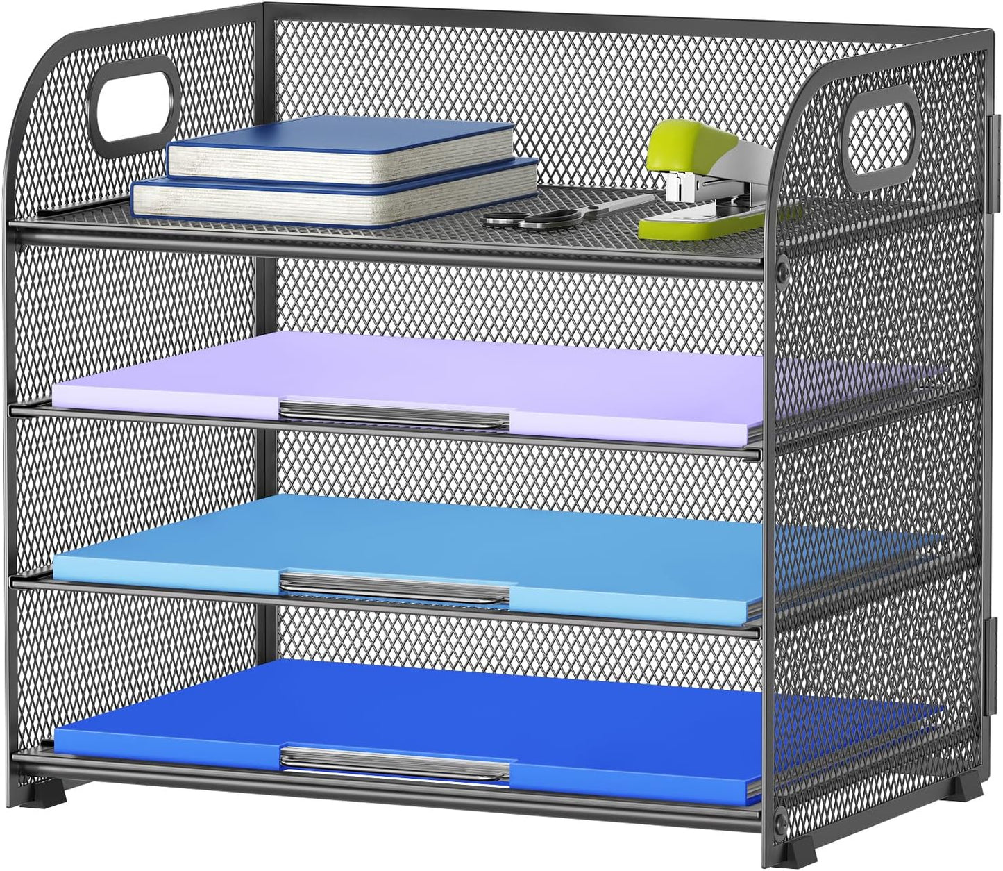 Marbrasse 4 Tier Paper Organizer Letter Tray - Mesh Desk File Organizer with Handle, Paper Sorter Organizer for Letter Office File Folder Holder (Grey, 12.6" x 9.1" x 10.7")