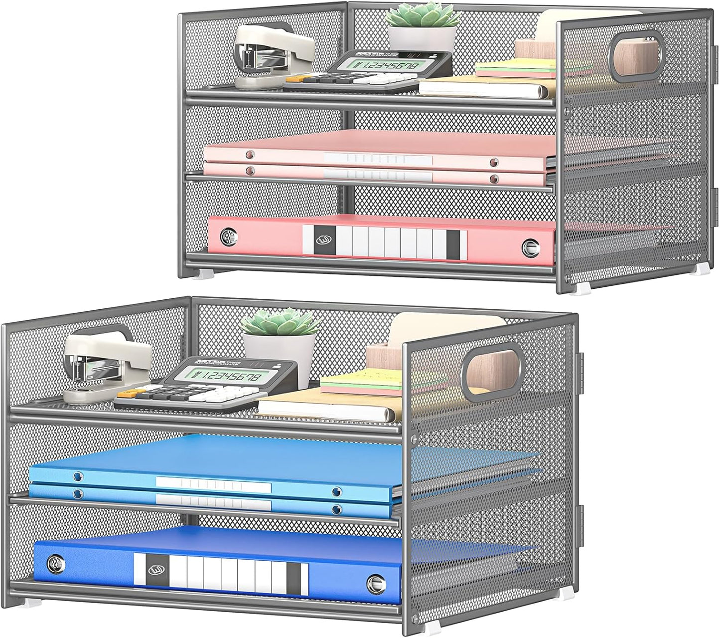Subekyu 2-Pack 3-Tier Gray Metal Mesh Desk Paper Letter Tray & File Sorter Organizer with Handle + 1 Sliding Tray for Desk, Home, Office, School Supplies, A4 Paper and Accessories Storage