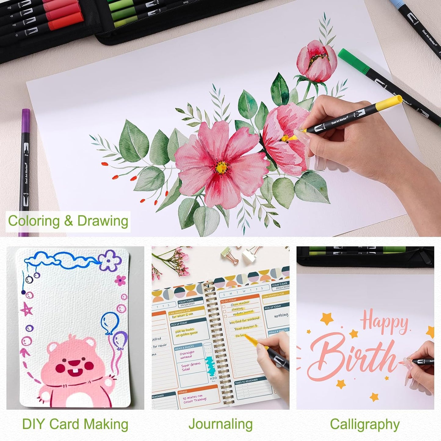 nauets 60 Colors Brush & Fine Dual Tip Watercolor Markers Set for Kids Adults Coloring Books No Bleeding Paint Pens For Drawing Note taking Planner Calligraphy Journaling Card Making Art Supplies