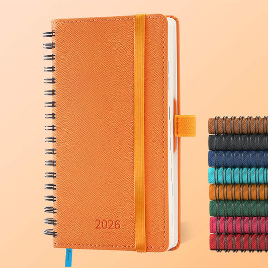 Planner 2026 Daily Weekly and Monthly,6.5"x3.75",12 Months Spiral Bound Calendar Agenda with Self-adhesive Pen Holder,2026 Appointment Book with Vegan Leather Soft Cover,Orange