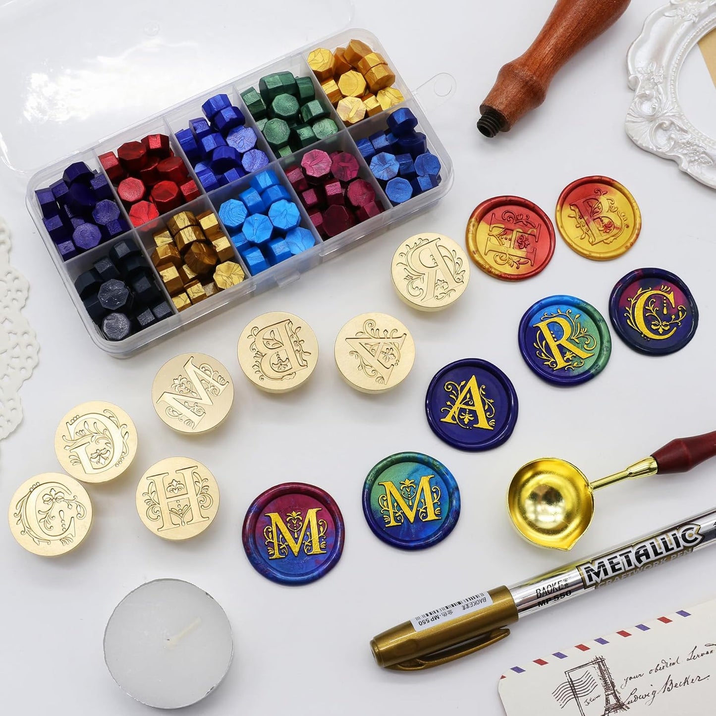 SWANGSA Initial Alphabet N Wax Seal Stamp Kit, Classic Retro Letter Sealing Stamp with 200pcs Sealing Wax Beads Kit for Wedding Invitations Cards Envelopes (N)
