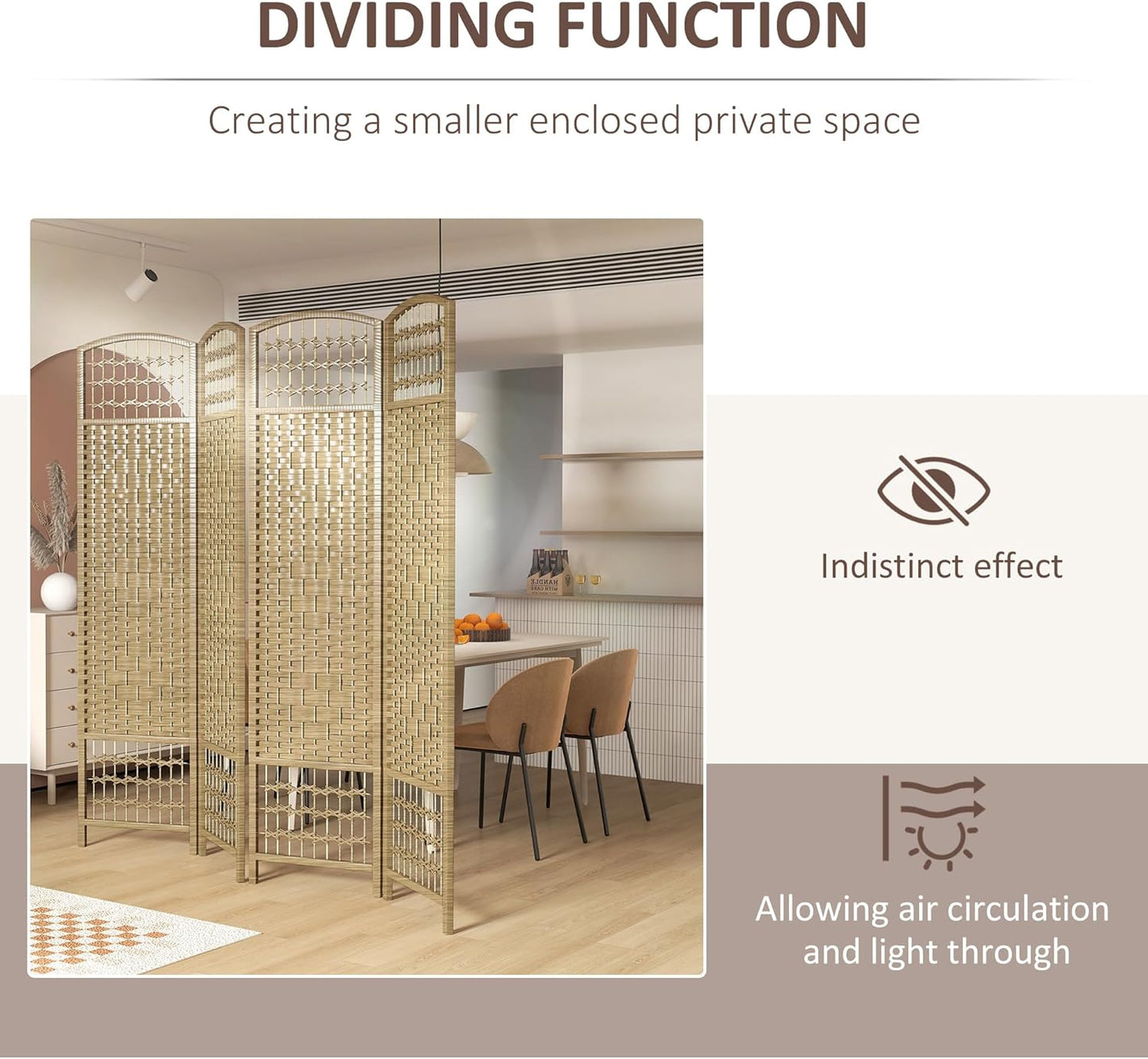 HOMCOM 4 Panel Room Divider, Folding Privacy Screen, 5.6' Room Separator, Wave Fiber Freestanding Partition Wall Divider, Natural