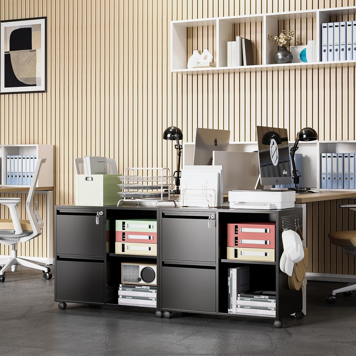 Lateral 2 Drawer Filing Cabinet with Lock, Mobile File Cabinet on Wheels, Printer Stand with Storage for Legal/Letter/A4 File Folders (Blcak)