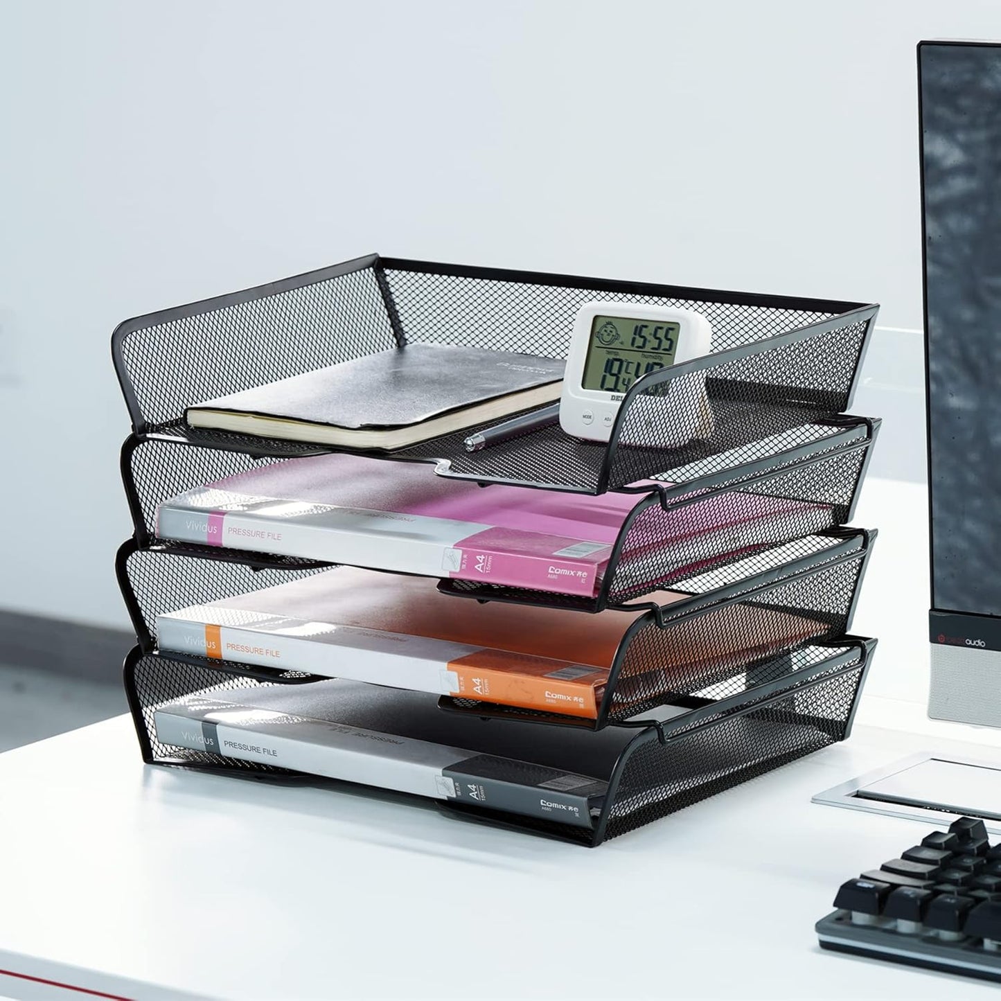 4 Tier Mesh Stackable File Trays Letter Trays,Office Paper Organizer for Desk,File Organizers and Storage,Black