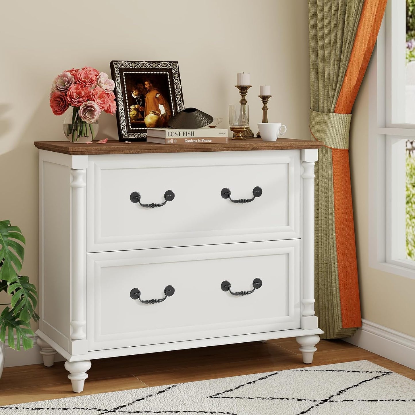 Lateral File Cabinet 2 Drawers Farmhouse File Cabinet for Letter/A4/Legal Size Hanging Files, Large Rustic White File Storage Cabinets Printer Stand with 4 Solid Wood Feet &Column Decor for Office