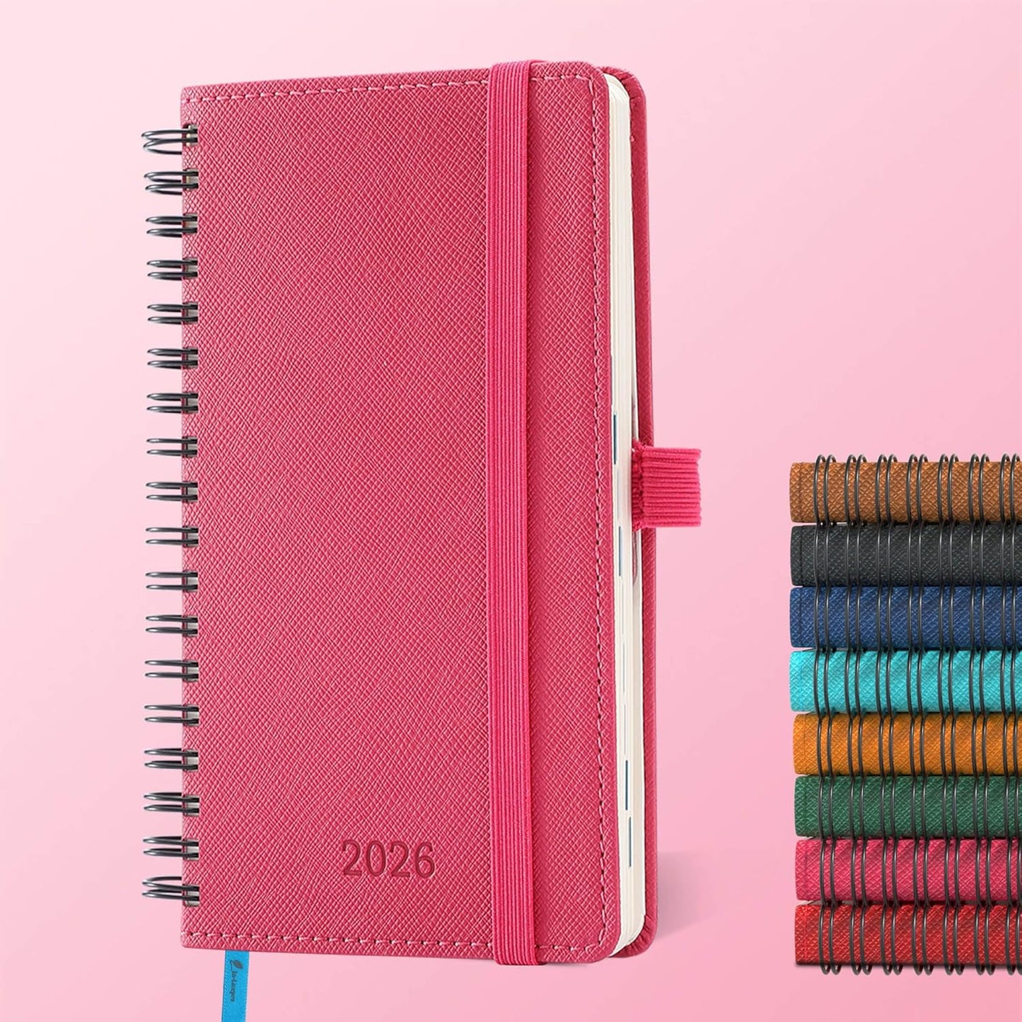Planner 2026 Daily Weekly and Monthly,6.5"x3.75",12 Months Spiral Bound Calendar Agenda with Self-adhesive Pen Holder,2026 Appointment Book with Vegan Leather Soft Cover,Rose Red