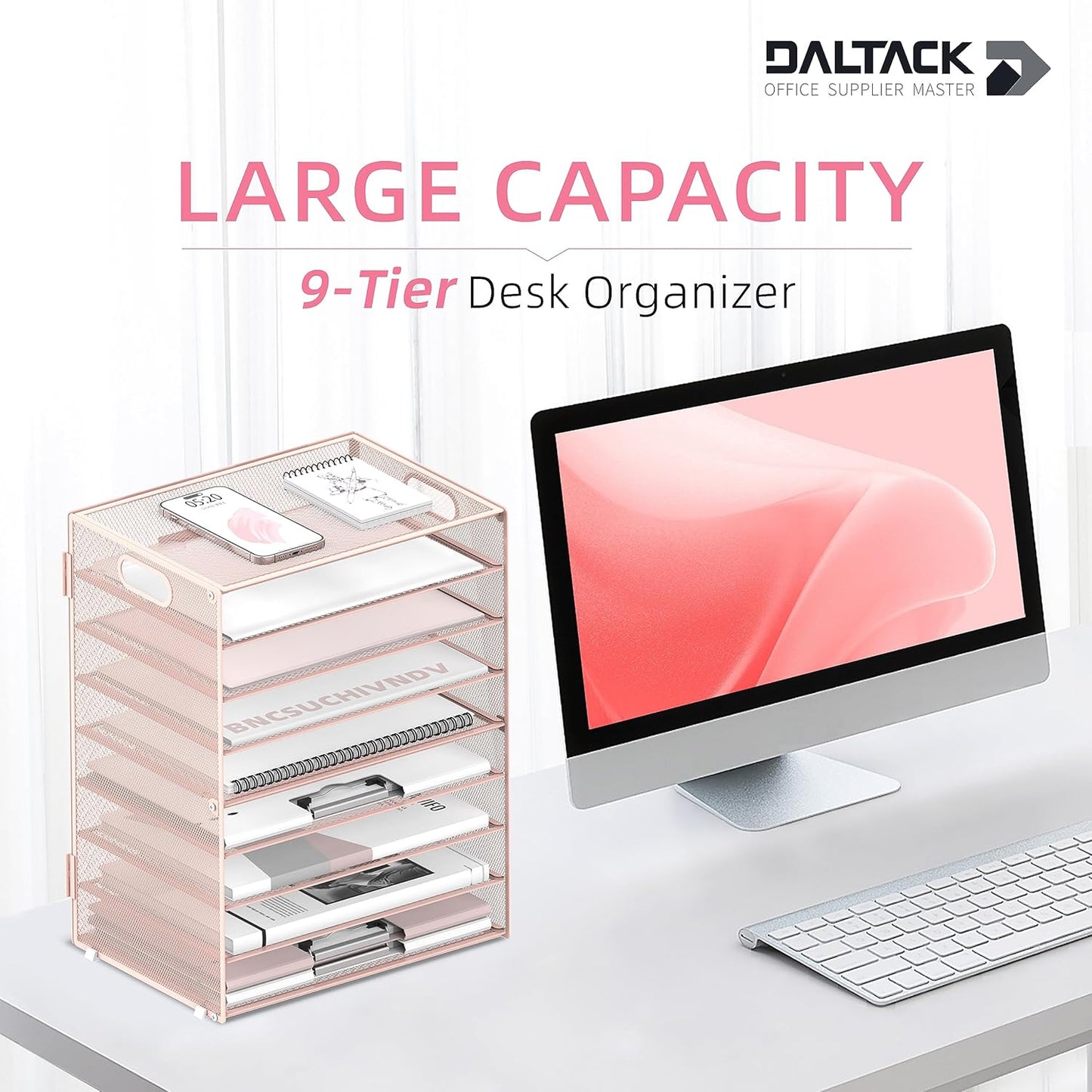 DALTACK 9-Tier Paper Letter Tray Desk Organizer with Handles, Mesh File Holder Organization, Paper Sorter Desk Organizer for Office Home School, Pink