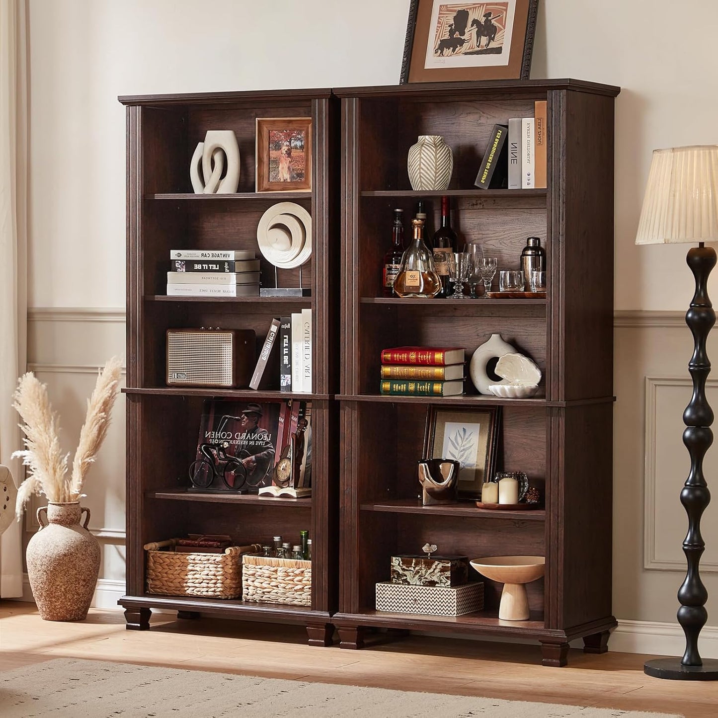 70" Tall Walnut Bookshelf,5 Tier Wooden Book Shelf with Adjustable Shelves & Wood Legs,Free Standing Farmhouse Bookcase with Open Display Storage,Vintage Bookshelves for Classroom, 3PCS