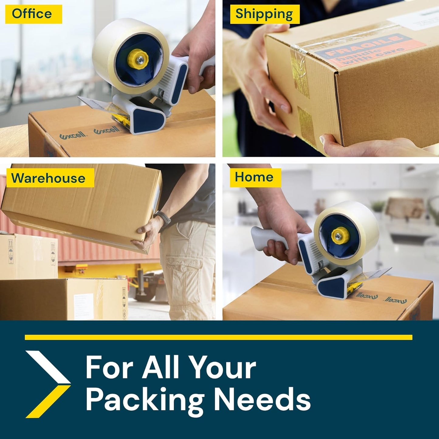 Excell EC-206 Safeguard Packing Tape Dispenser (2" Wide): Retractable Blade Cover for Safety, Push Flap for Smooth Cutting, and one-Hand use. Ideal for Shipping and Carton Sealing.(2Pack)