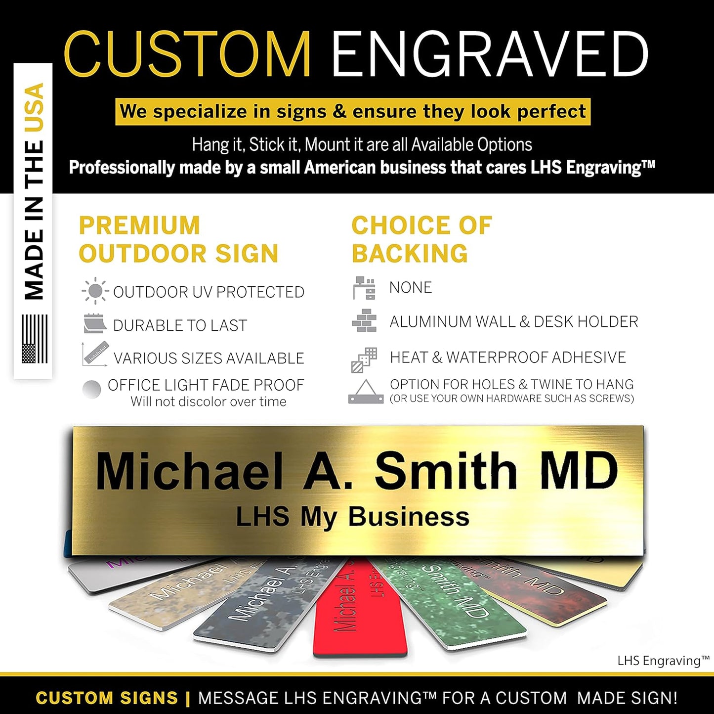 Engraved Name Plates for Doors, Walls, and Plaques Personalized Brushed Brass Plastic Plaque with Black Letters - Made in USA 2x6 M6