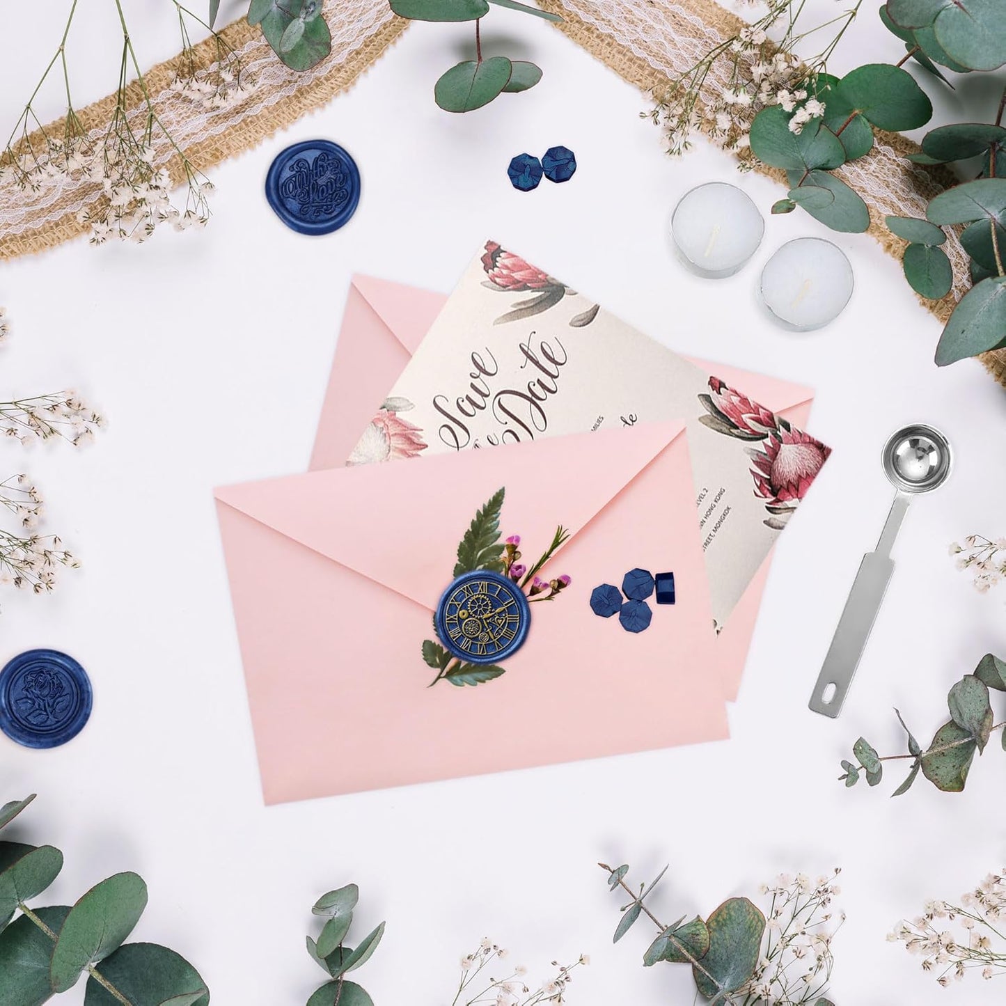 Yoption 300 Pieces Bright Blue Sealing Wax Beads, Vintage Octagon Seal Beads With 4 Candles and 2 Melting Spoons for Wax Stamp (Bright Blue)