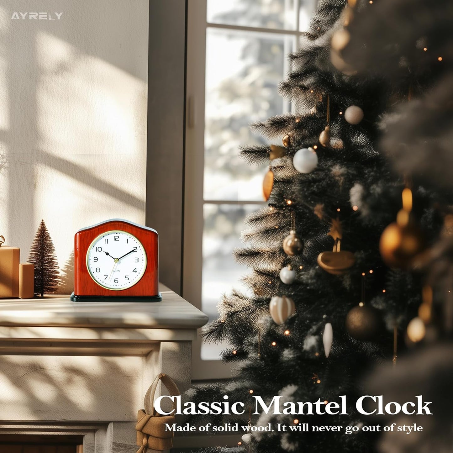 AYRELY® Mantel Clock, Handcrafted Solid Wood Desk Clock with Silent Movement, Piano-Gloss Finish, Elegant Table Clock for Fireplace, Bedroom, Office & Gifts