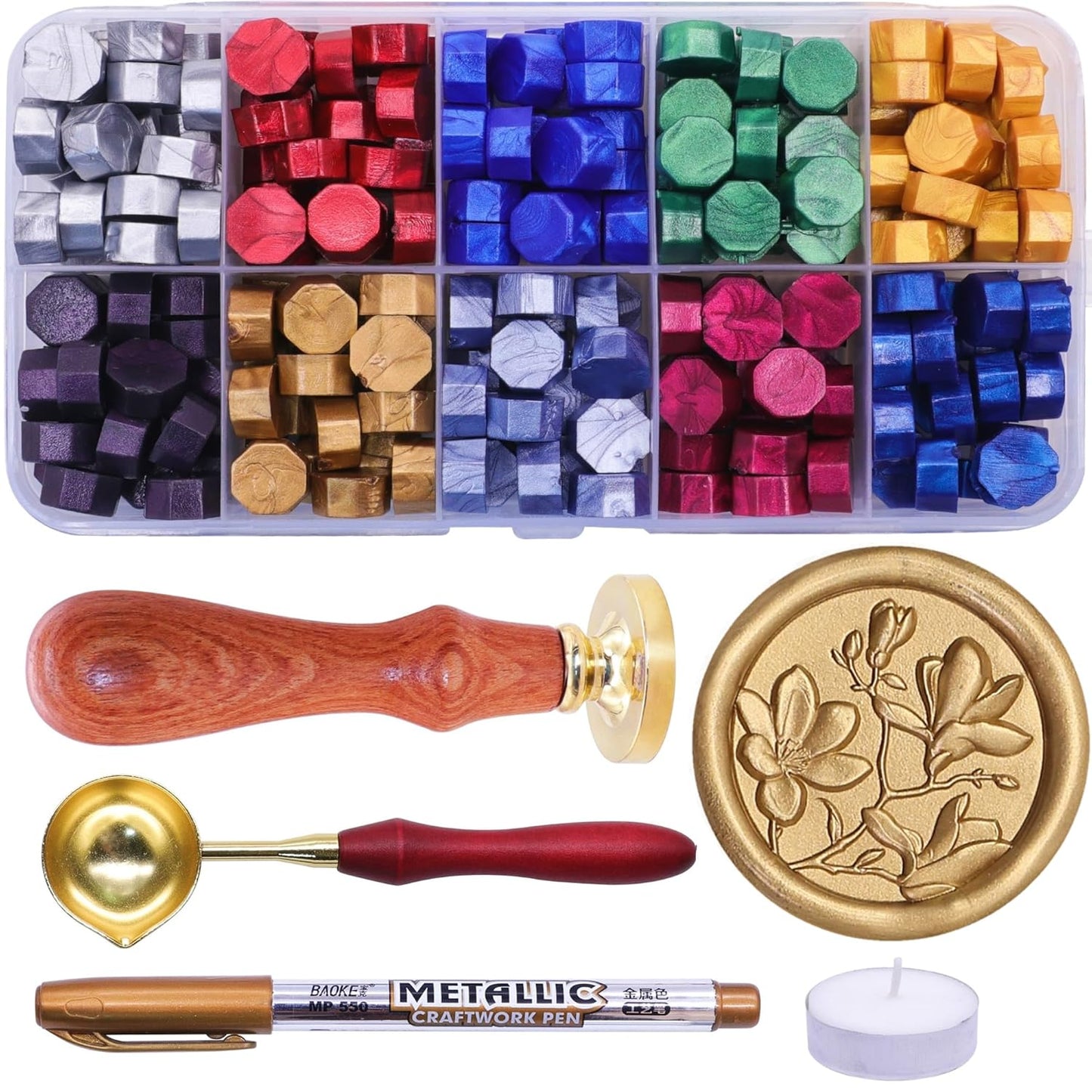 SWANGSA 3D Magnolia Wax Seal Stamp Kit with 200pcs Sealing Wax Beads, Great for Embellishment of Wedding Invitations, Wine Packages, Gift Wraps