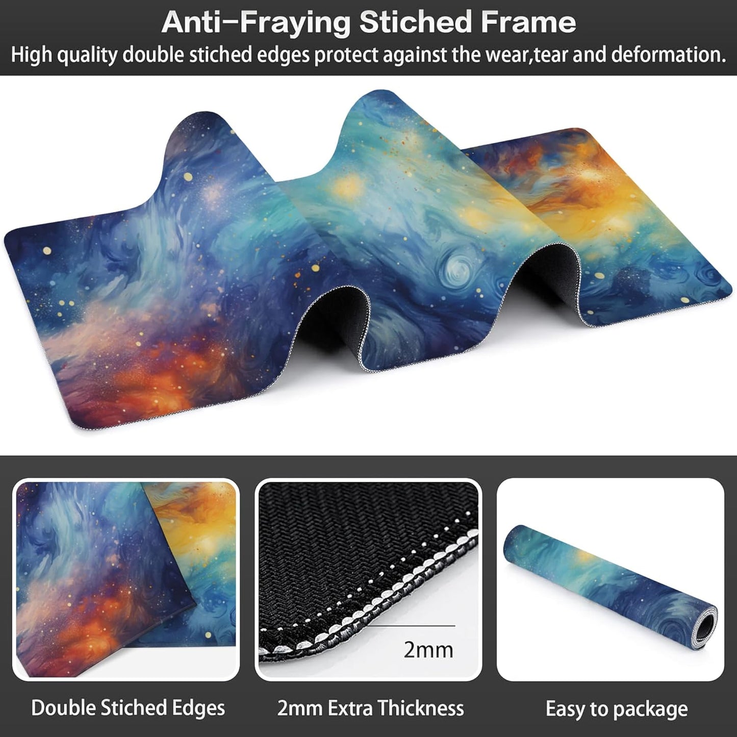 Extended Large Gaming Mouse Pad, Stars Nebulas and Cosmic Swirls Large Desk Mat for Desktop, Non-Slip Rubber Base Stitched Edges Long Computer Keyboard Desk Pad Mouse Mat for Home Office 35.4"X15.7"