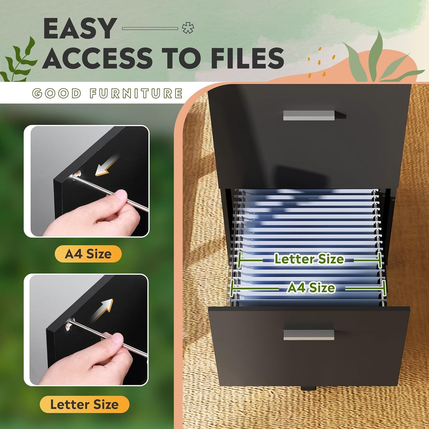 DEVAISE 2 Drawer File Cabinet, Mobile Printer Stand, Wood Filing Cabinet fits A4 or Letter Size for Home Office, Black