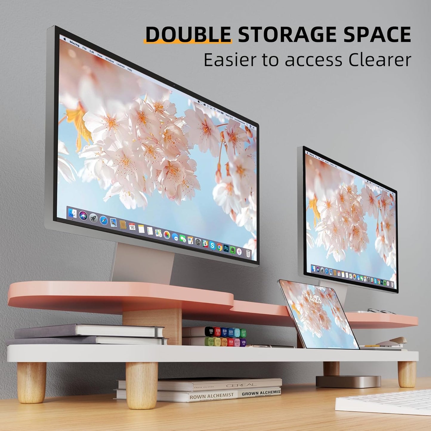 2 Tier Dual Monitor Stand Riser,Wider Board Computer Monitor Stand for 2 Monitors,Slot For Phone/Tablet Office Desktop Organizer for Laptop,PC,Computer,Printer,Pink