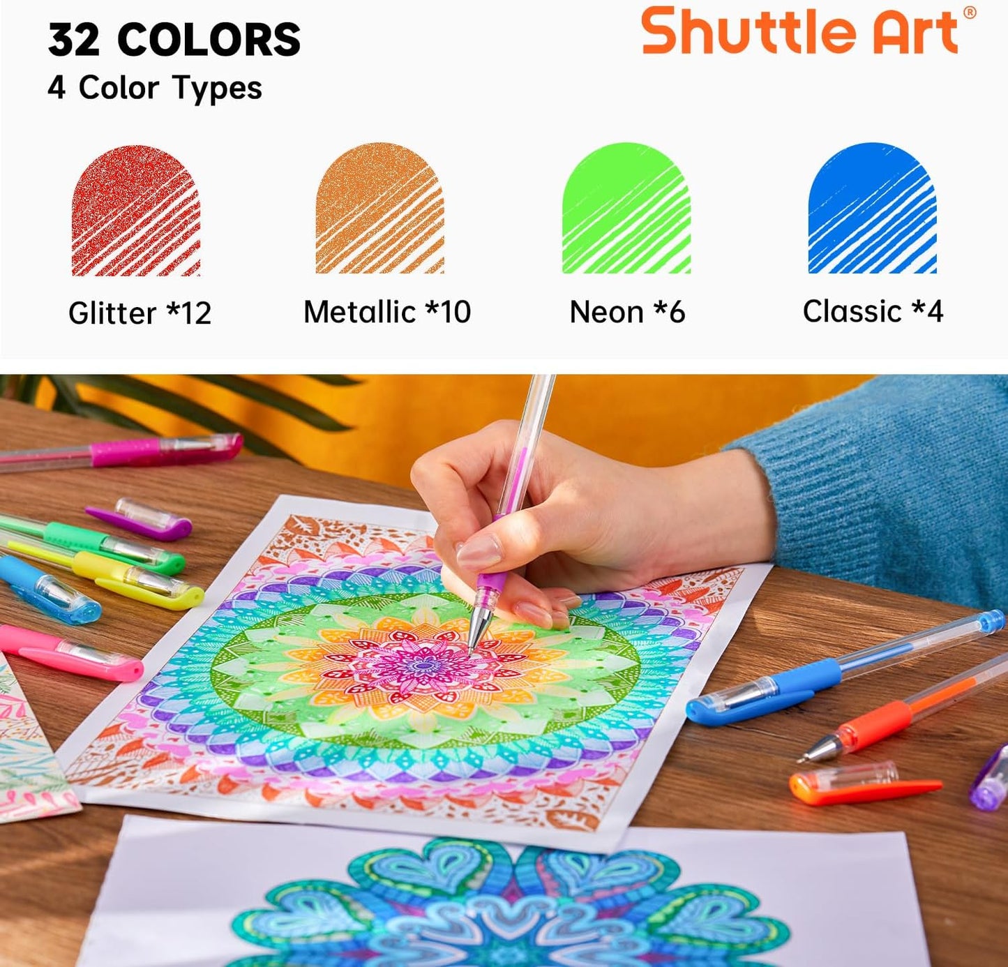 Shuttle Art Gel Pens, 32 Colors Gel Pen Set with Coloring Book for Adults Coloring Books Drawing Doodling Crafts Scrapbooking Journaling