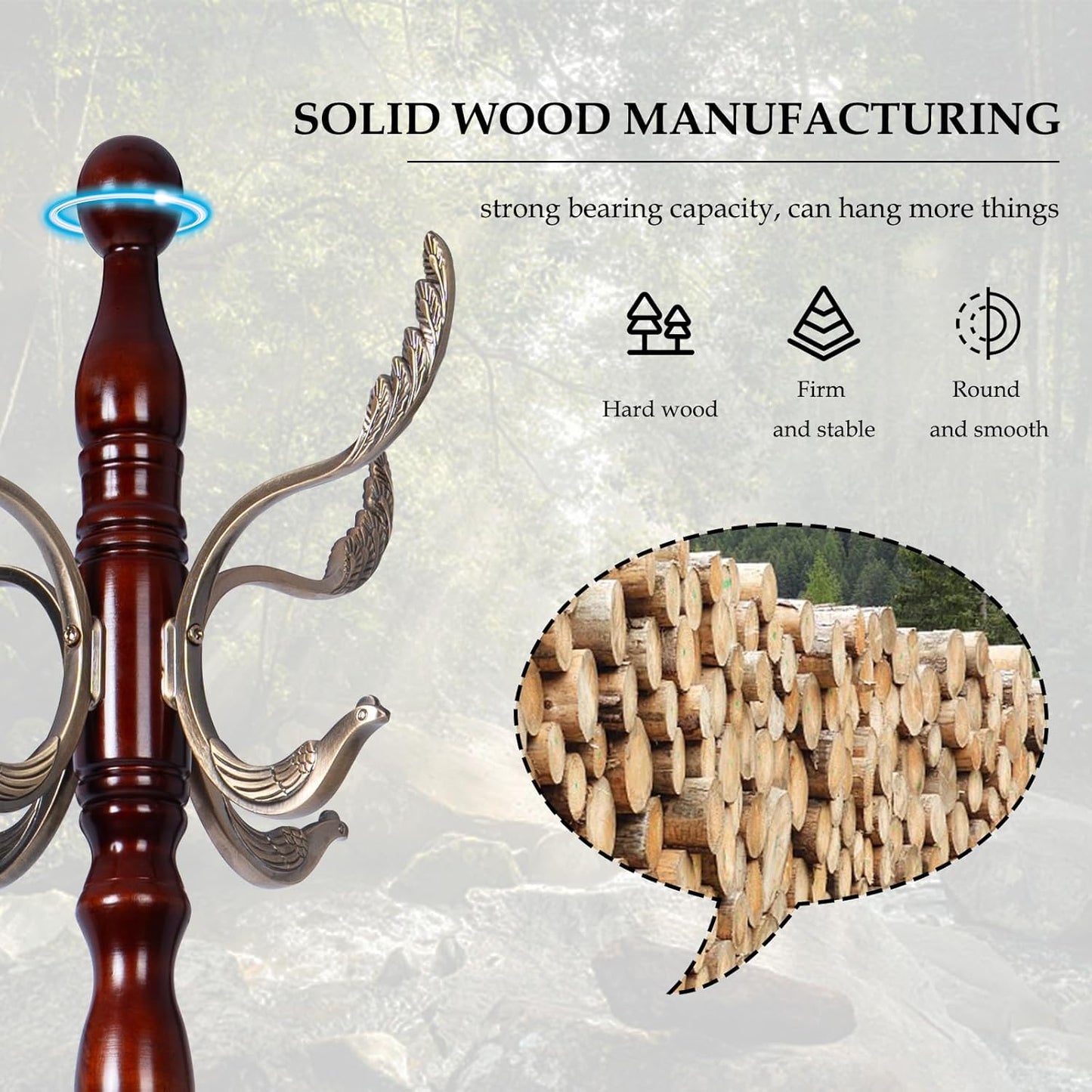 Wood Coat Rack Freestanding, Natural Coats Tree Stand with 14 Metal Hooks, 73" Sturdy and Easy Assembly Coat Rack Stand for Entryway, Hallway, Bedroom, Bags, Hats (Heavy-duty Disc Base, Metal Hook)