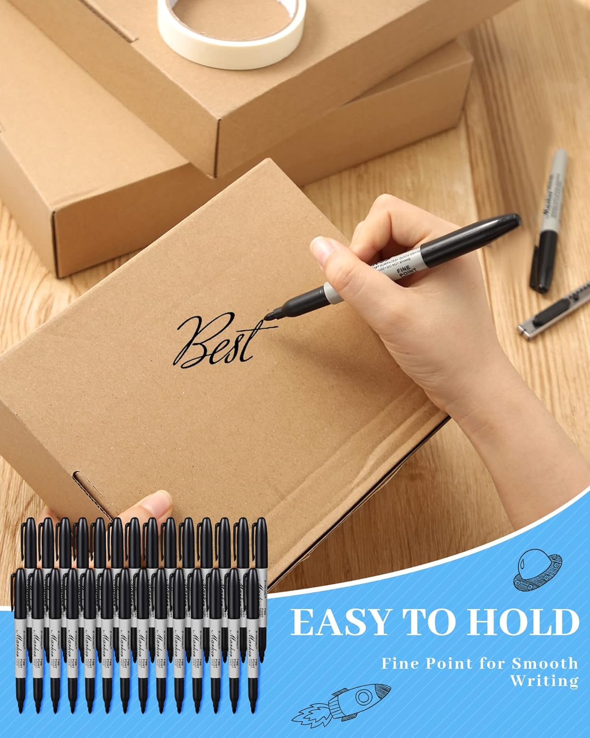 Thenshop 100 Pack Permanent Markers Bulk Black Permanent Marker Set Fine Point Pens Work on Wood, Metal, Stone, Glass