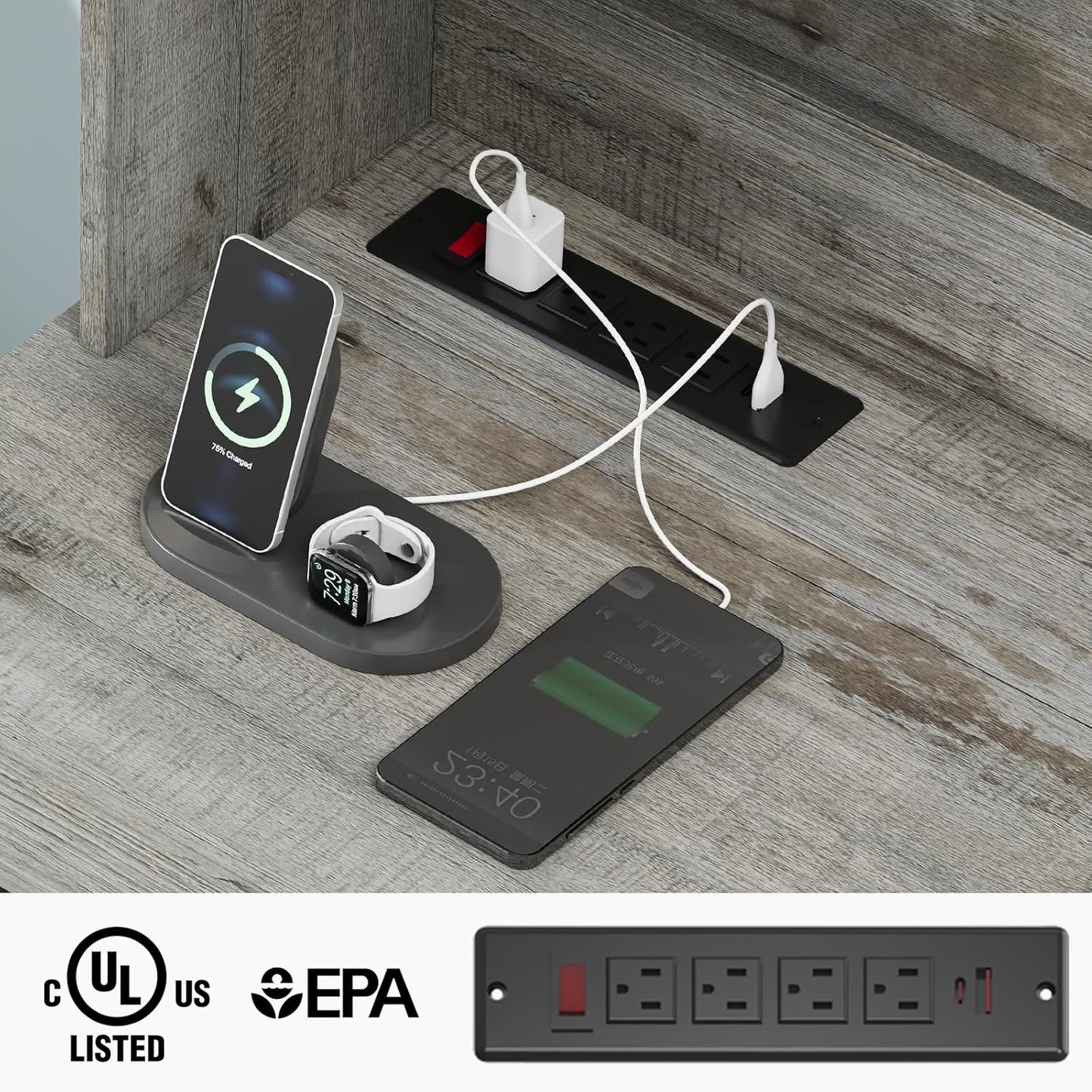 67" H Farmhouse Executive Desk with Hutch. Wood Workstation with 5 Drawers, Storage Cabinet, File Drawers and Charging Station, Ideal as Office Desk, Computer Desk for Home Office and Study.Gray