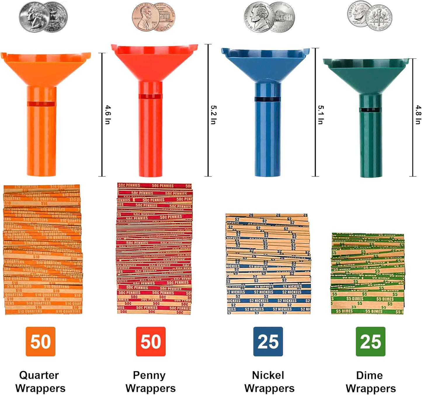 PM Company Color-Coded Coin Counting Tube with 150 Assorted Flat Coin Wrappers for Pennies Through Quarters (05032), Blue; Green;Orange;red, Set of 4