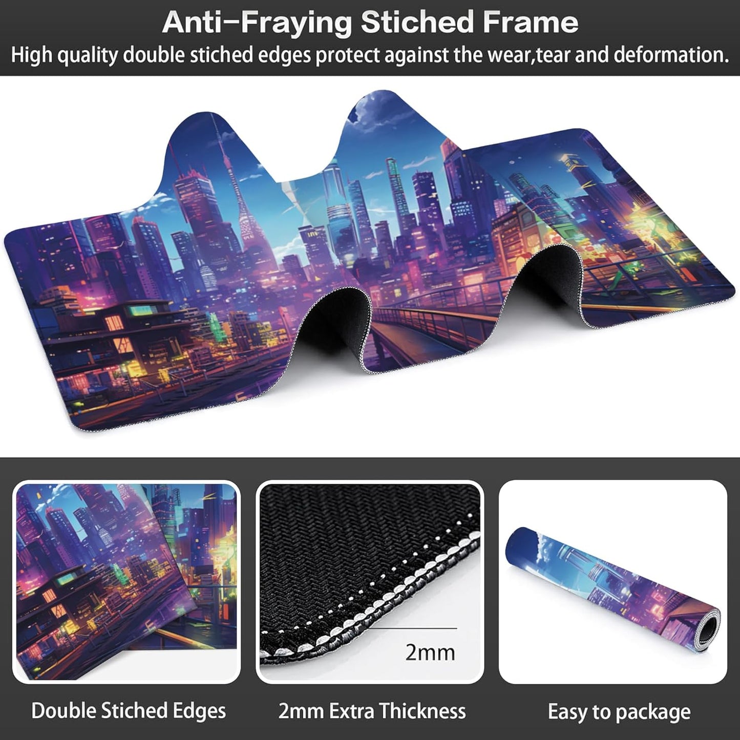 Extended Large Gaming Mouse Pad, Cyberpunk Streets Large Desk Mat for Desktop XXL, Non-Slip Rubber Base Stitched Edges Long Computer Keyboard Desk Pad Mouse Mat for Gaming Home Office 35.4"X15.7"