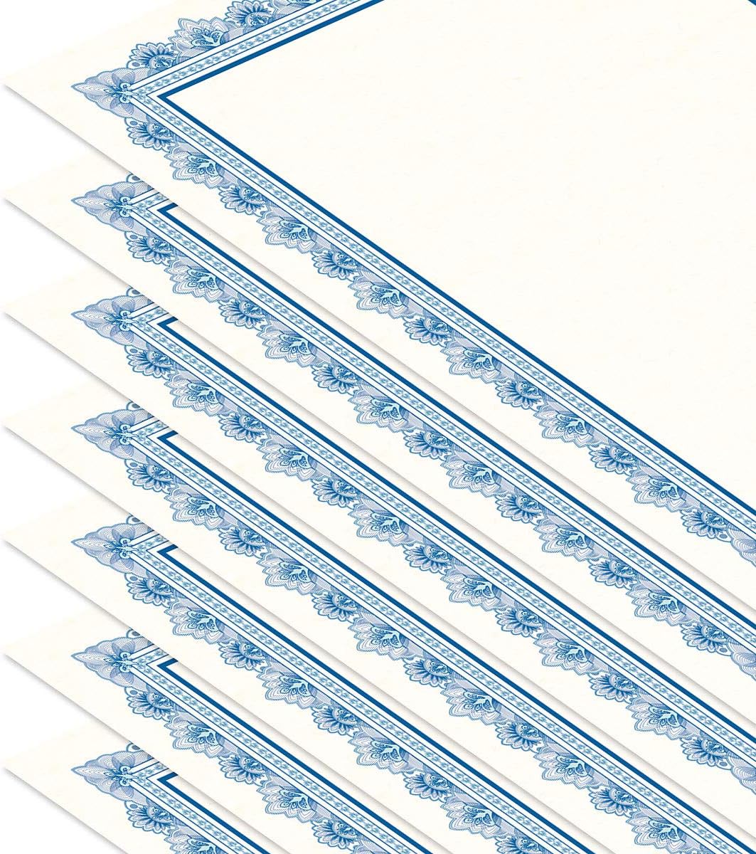 Intricate Blue & White Parchment Certificate Papers - Pack of 25, Laser & Inkjet Printer Compatible, For Office, Business Awards, Graduation, School Diplomas, 8-1/2" x 11" on 60 lb. Text Stock