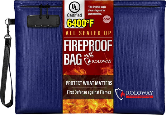 ROLOWAY Fireproof Document Bag (14.5 x 11.5 inch), 6400℉ Fireproof Money Bag with Zipper for Cash, Fire Safe Money Pouch with Lock (Blue)