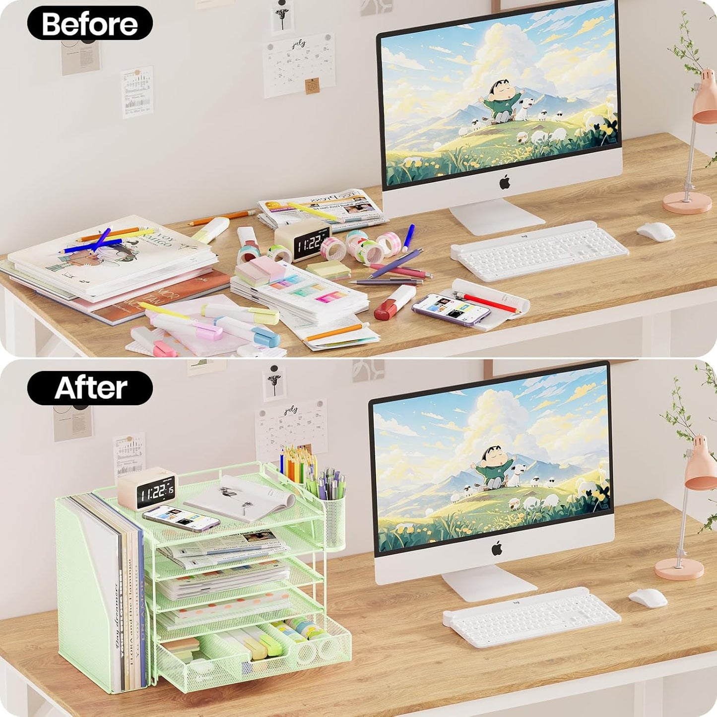 Desk Organizers and Accessories, 5-Tier Paper File Organizer with Drawer & Pen Holder, Office Desk Accessories Workspace Desktop Organizer for Office Supplies((Green)