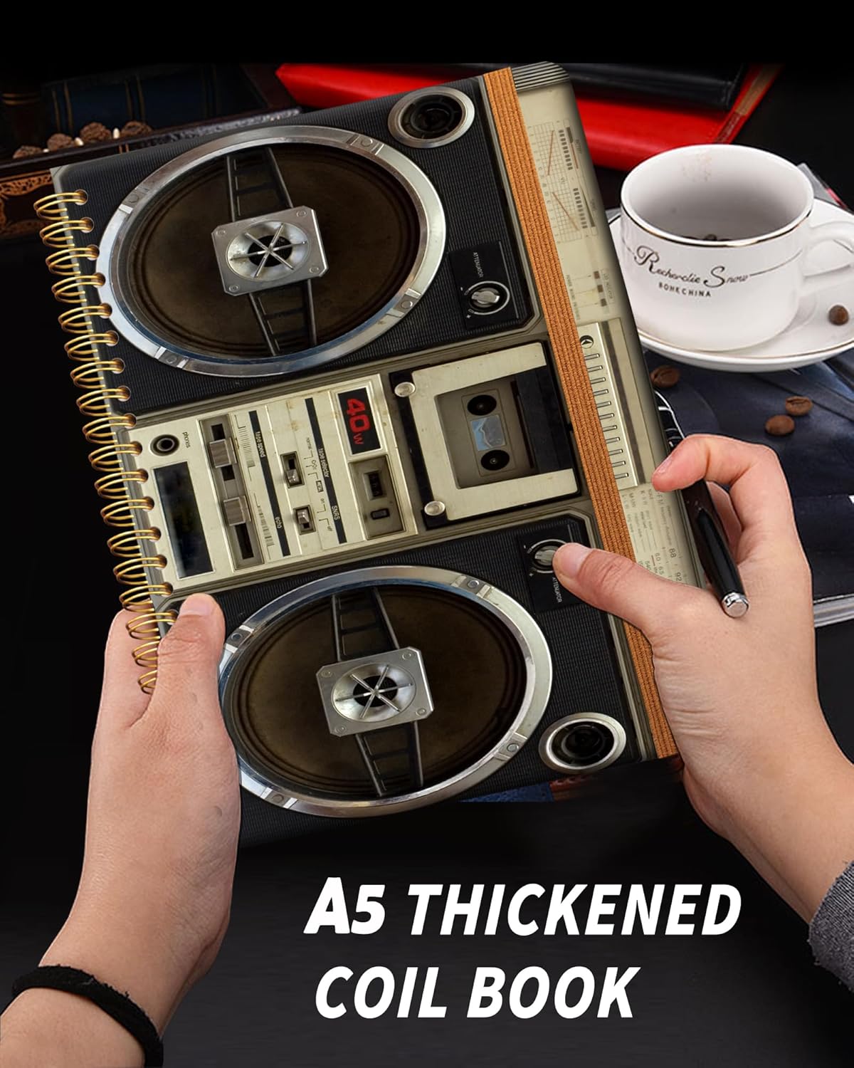 Ruled Spiral Writing Notebook,A5 Hardcover Lined College Journal for Women Lady,Fashion Puppy Watercolor Strong Twin-Wire Binding with Premium Paper,8.4" X 6",Perfect for School,Office,Home Gifts(Tape Recorder Vintage)