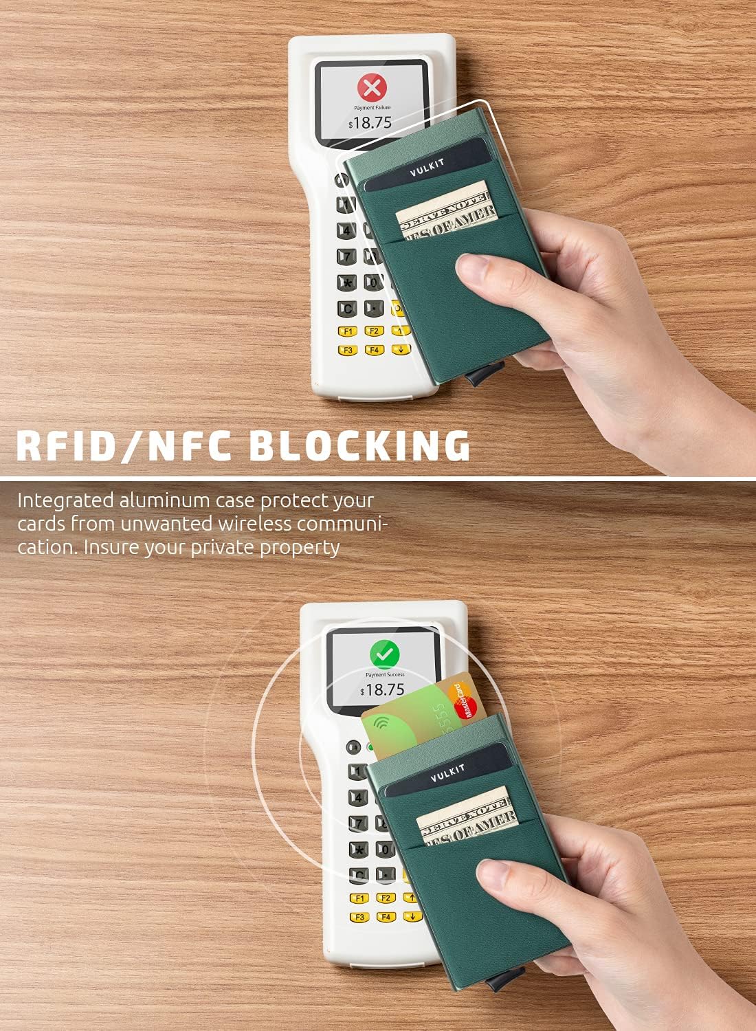 VULKIT Card Holder with Money Pocket Pop Up Wallet RFID Blocking Slim Metal Bank Card Case Holds 5 Cards and Notes