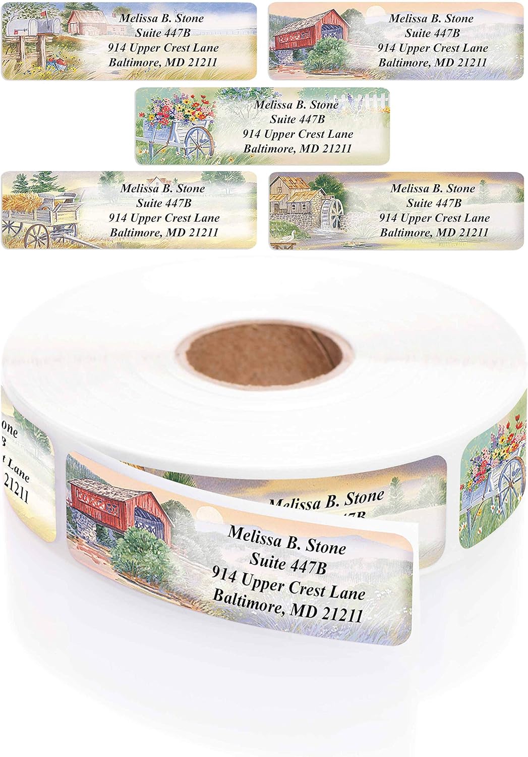 Rural America Assorted Country Scenes Personalized Return Address Labels with Dispenser - Roll of 500 Custom Labels