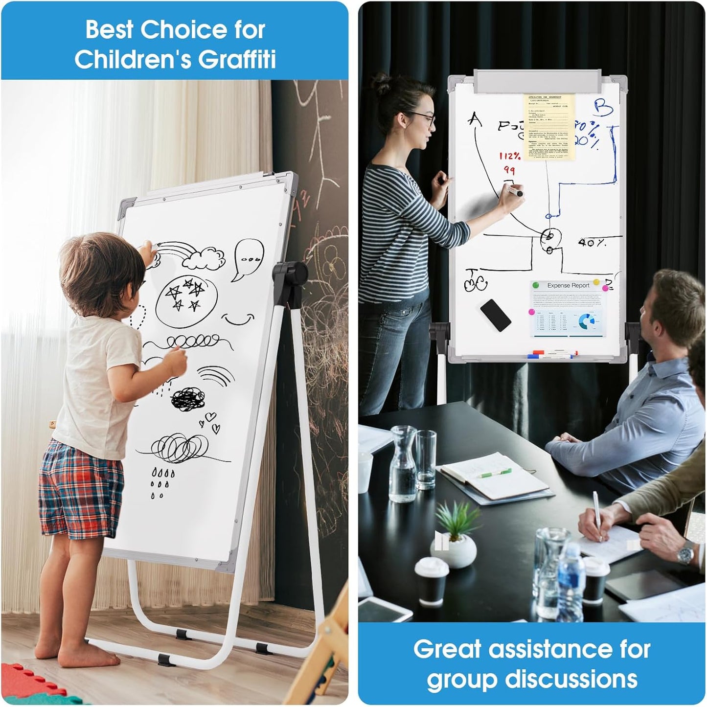 MaxGear Large White Board Easel Stand 2 PCS, 36" x 24" Double Sided Magnetic Dry Erase Board for School Classroom, Home Office Stand Flip Chart, Height Adjustable 360 Degree Rotating Whiteboard
