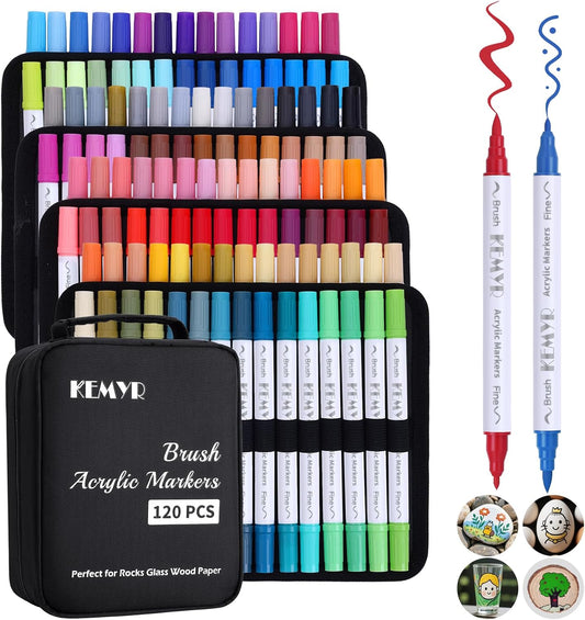 120 Colors Brush & Fine Tip Acrylic Paint Pens, Dual Tip Acrylic Paint Markers for Paper, Wood, Canvas, Stone, Rock, Glass, Fabric, DIY, Ceramic, Art Supplies for Kids and Adults Drawing