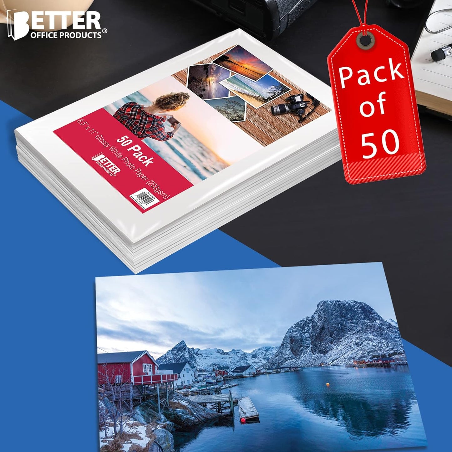 Better Office Products Glossy Photo Paper, 8.5 x 11 Inch, 50 Sheets, 200 gsm, Letter Size, 50-Count Pack