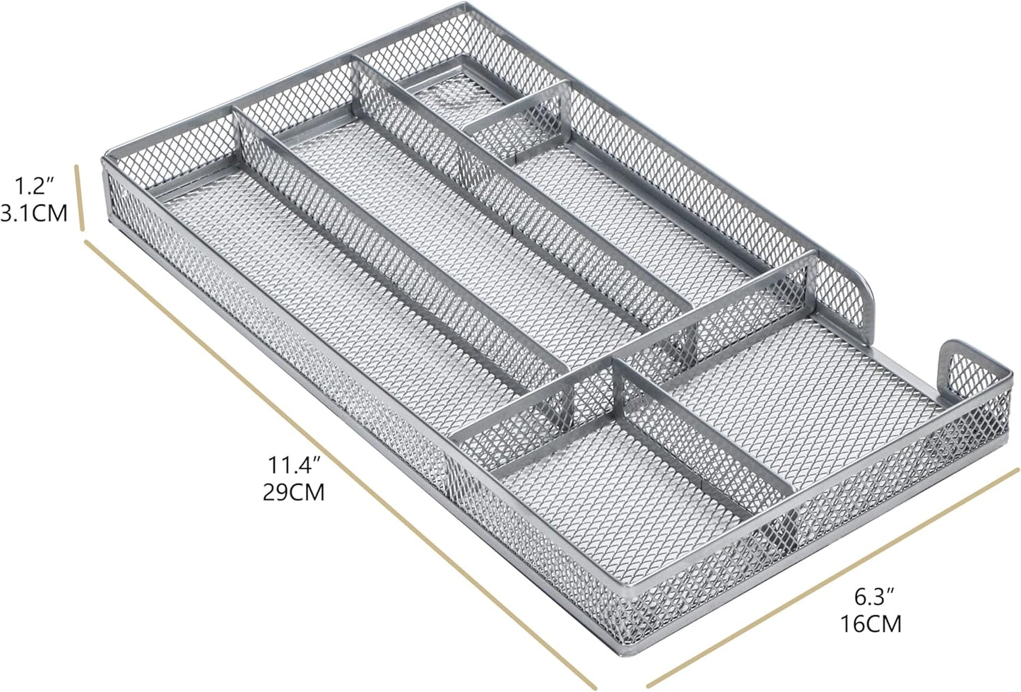 Annova Desk Drawer Organizer Tray for Office Organization - Metal Mesh - Storage Tray with Dividers for Pens, Desktop Accessories, Bathroom, Kitchen, Makeup and Office Supplies (Small, Silver)