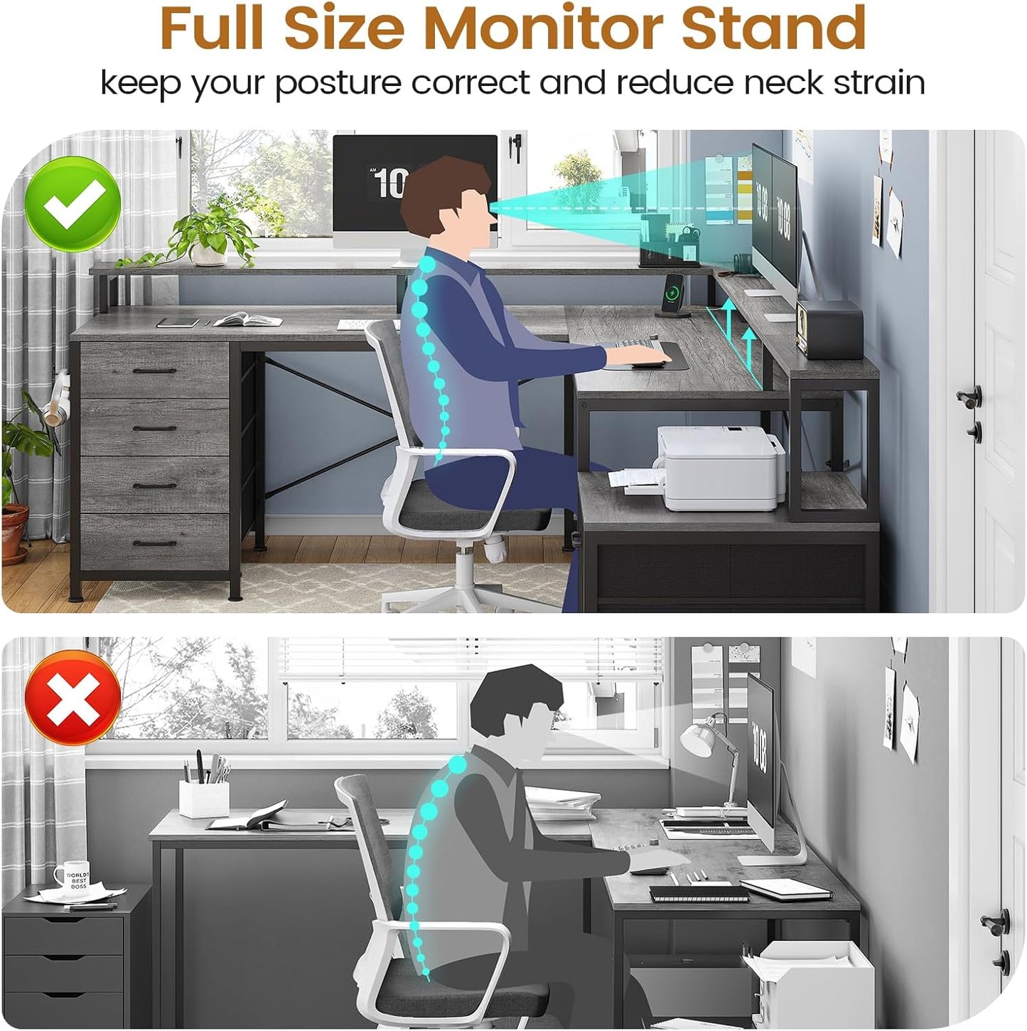 SEDETA L Shaped Desk with 6 Drawer, 108" Home Office Desk with File Drawer & Power Outlet, Corner Computer Desk with Monitor Shelf, Two Person Desk, Gaming Desk with Led Lights, Grey