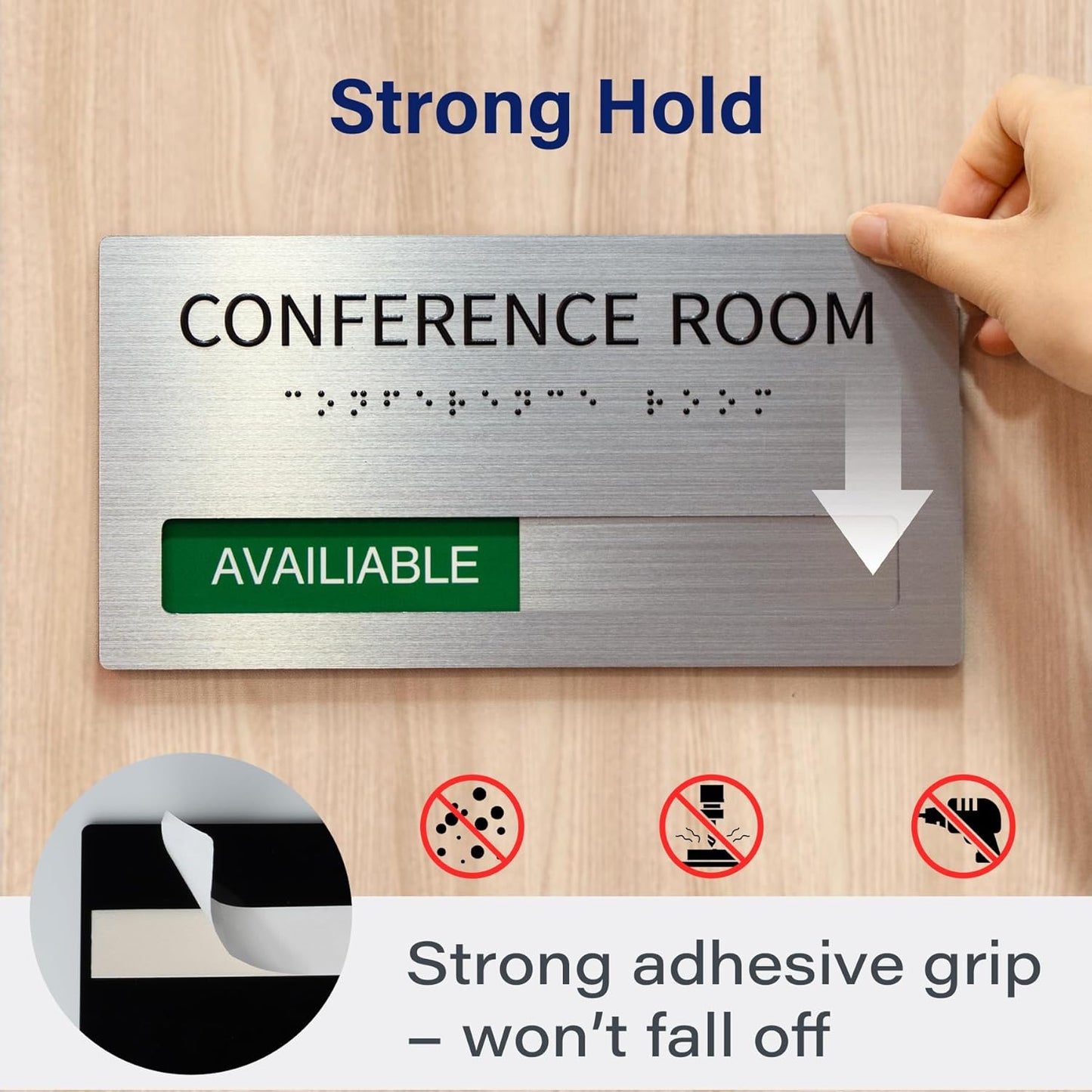 Conference Room Office Door Signs Do Not Disturb, In Use/Available Slider Sign with Raised Text & Grade 2 Braille, Conference Vacant Occupied Sign Brushed Aluminum/Silver