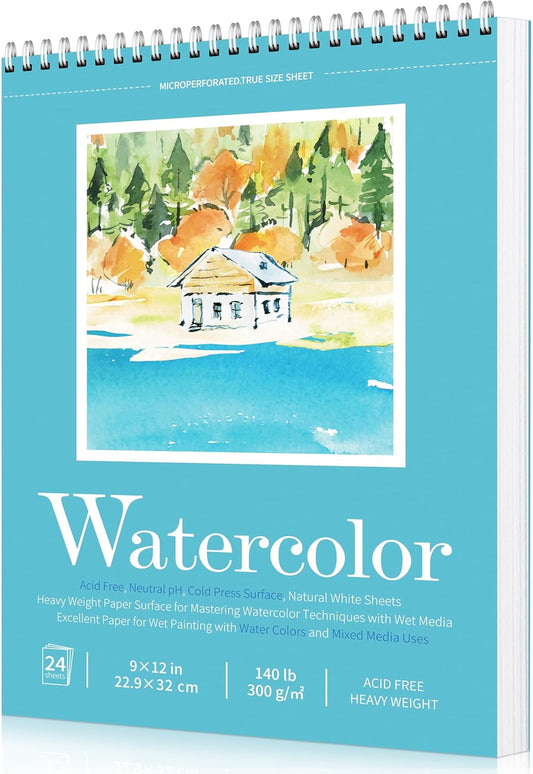 Watercolor Paper Pad, Watercolor Sketchbook 9" x12” 140lb/300gsm, Spiral Bound Water Color Pad Journal and Sketchbook for Adults & Kids, Markers and Art Journaling