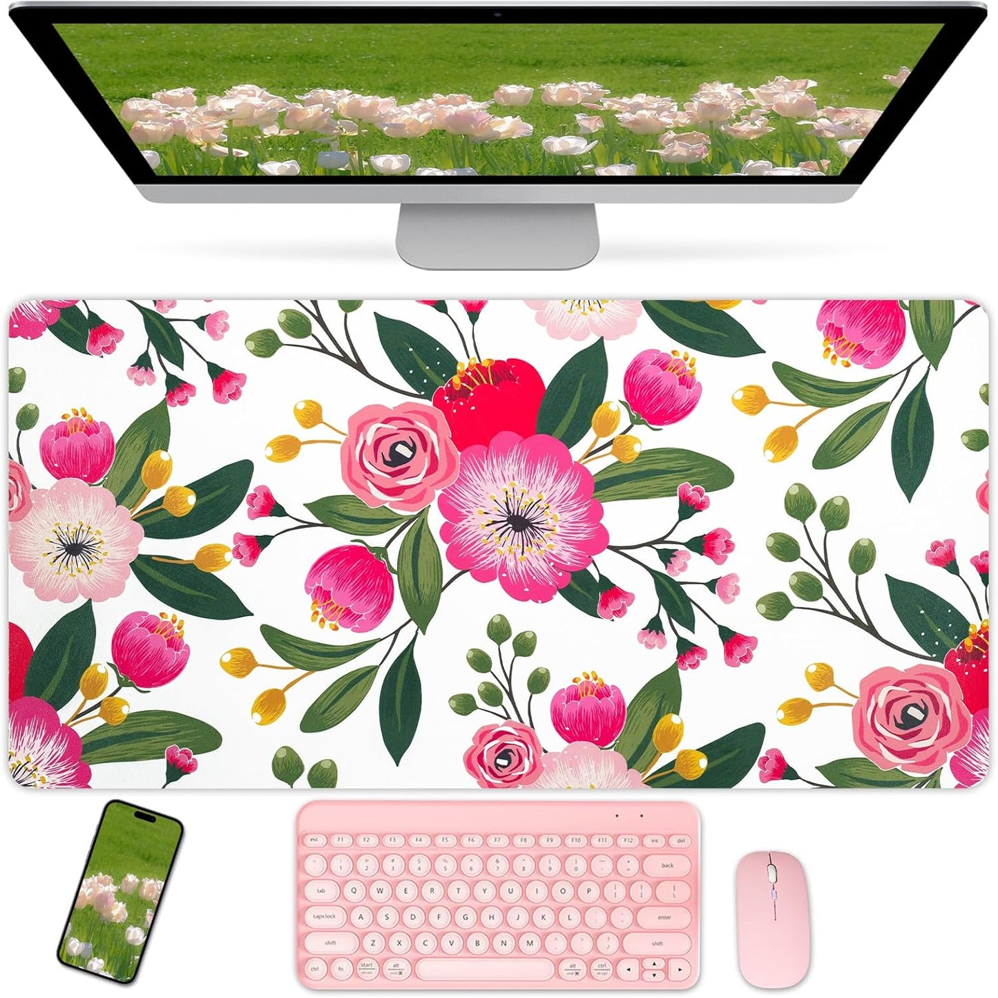 Bloss Pink Floral Desks Mat,31.5x15.7In Large Mouse Pad Cute,Anti-Slip Leather Computer Desk Pad for Keyboard and Mouse,Pink Computer Keyboard Pad Mat,Laptop Desks Protector Mat for Office/Home/Women