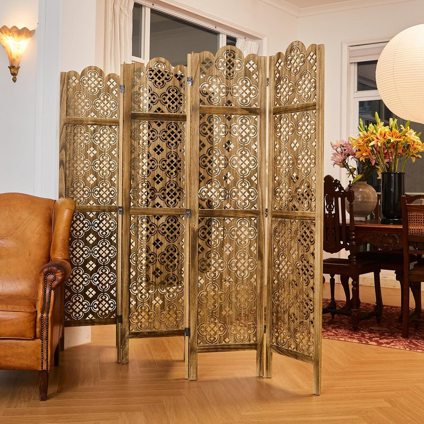 68.9Inch Folding Room Divider, 6 Panels Wood Carved Privacy Screens, Free Assembled Privacy Screen Decorative Partition for Home Office Restaurant (Dark Brown)