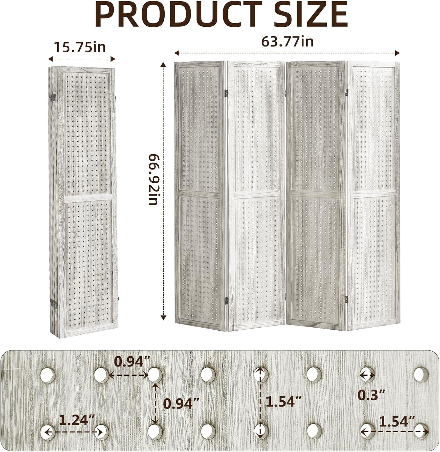 4 Panel Pegboard Display with 16 Hooks, Wooden Room Divider Wall and Folding Privacy Screens, Privacy Dividers for Rooms, Pegboard Room Divider, Jewelry Store, Retail Store, Bedroom, White