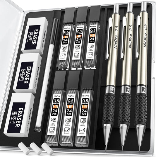 Nicpro RG1000 0.5 mm Art Mechanical Pencil Set in Storage Case, 3 PCS Metal Drafting Pencil Lead Pencil with 6 Tube HB Refills, 3 Erasers, 9 PCS Eraser Refills for Artist Writing, Drawing, Sketching