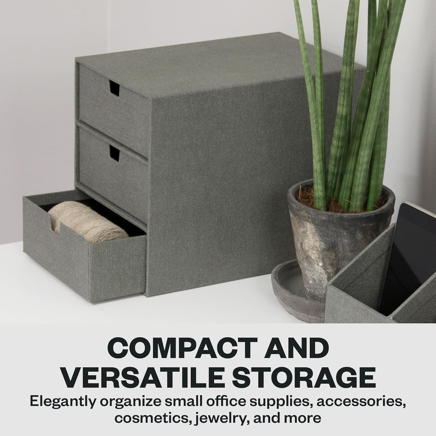 Bigso Box of Sweden Ingrid 3-Drawer Canvas Fiberboard Desk Organizer for Office Supplies and Accessories - Stackable Makeup Drawer Organizer - 6.3in x 9.9in x 8.1in - Grey