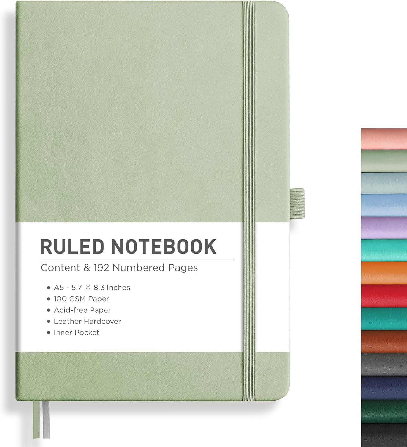 RETTACY Lined Journal Notebook, 192 Numbered Pages, A5 Medium Size (5.7'' x 8.3''), for Men & Women, Journaling, Writing, Work & Office, Leather Hardcover, 100 GSM Thick Paper (Light Green)