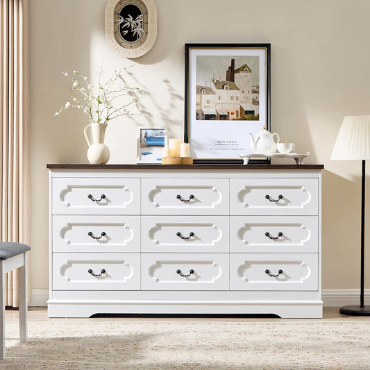 LIDYUK 9 Drawer Dresser for Bedroom Farmhouse WhiteTall Wood Chest of Drawers for Bedroom Dresser, Modern Rustic 59" Wide Drawers Dressers Wooden Closet and Storage Cabinet, Hallway, Living Room