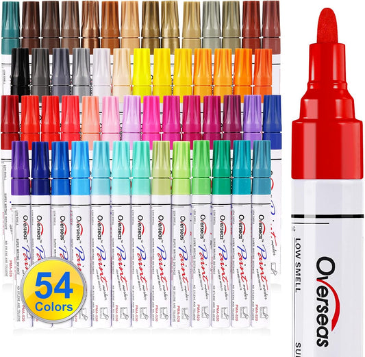 Overseas 54 Colors Paint Pens, Oil Based Assorted Colors Permanent Markers - Medium Tip, Quick Dry, Waterproof Paint Markers for Metal, Wood, Plastic, Rock, Stone, Canvas, Glass, Rubber, Leather