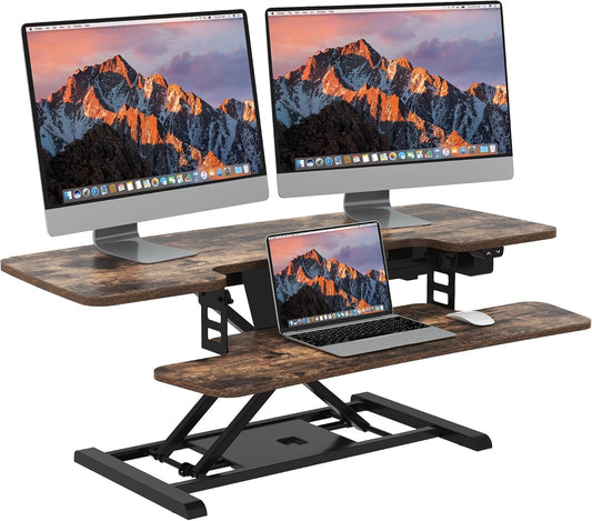 SANODESK Standing Desk Converter with Electric Motor 42" Height Adjustable Riser for Office Home,Dual Monitor and Laptop Workstation with Large Keyboard Tray,Rustic Color